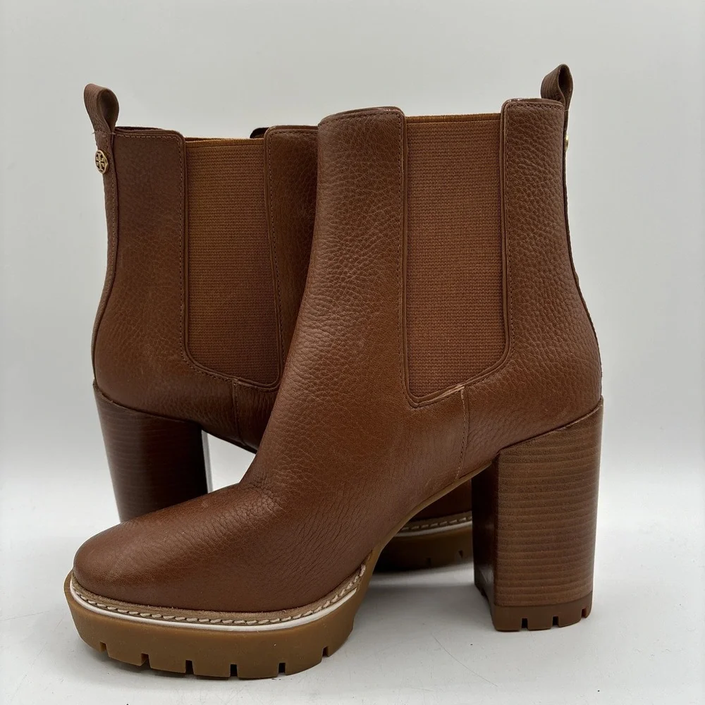Tory Burch Carson Lug Sole High Heel Boots Women's 7 US Toasted Caramel Pull On